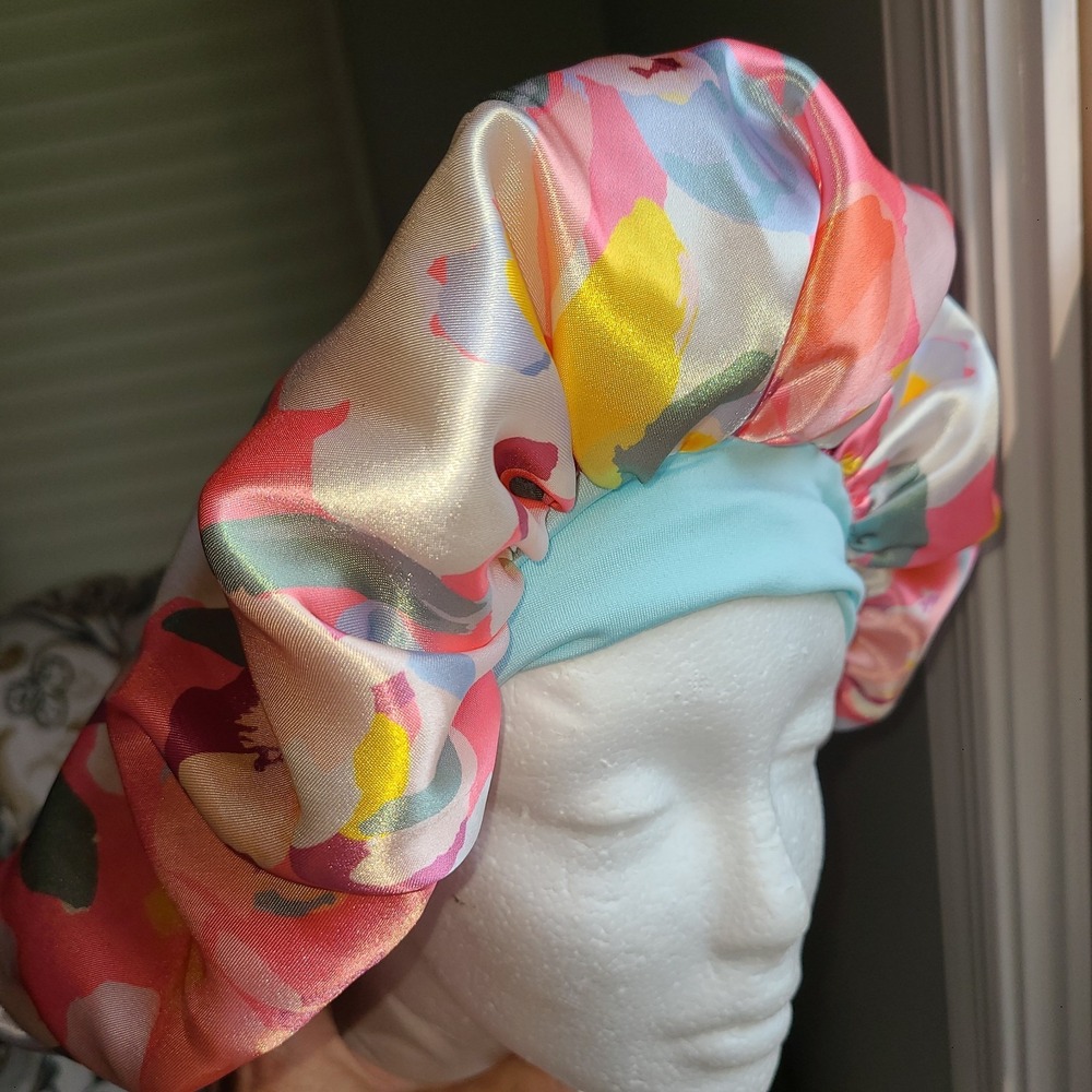 NWOT Women's 100% Satin Reversible Bonnet Sleep Cap Pink Blue Pattern, OS Beauty